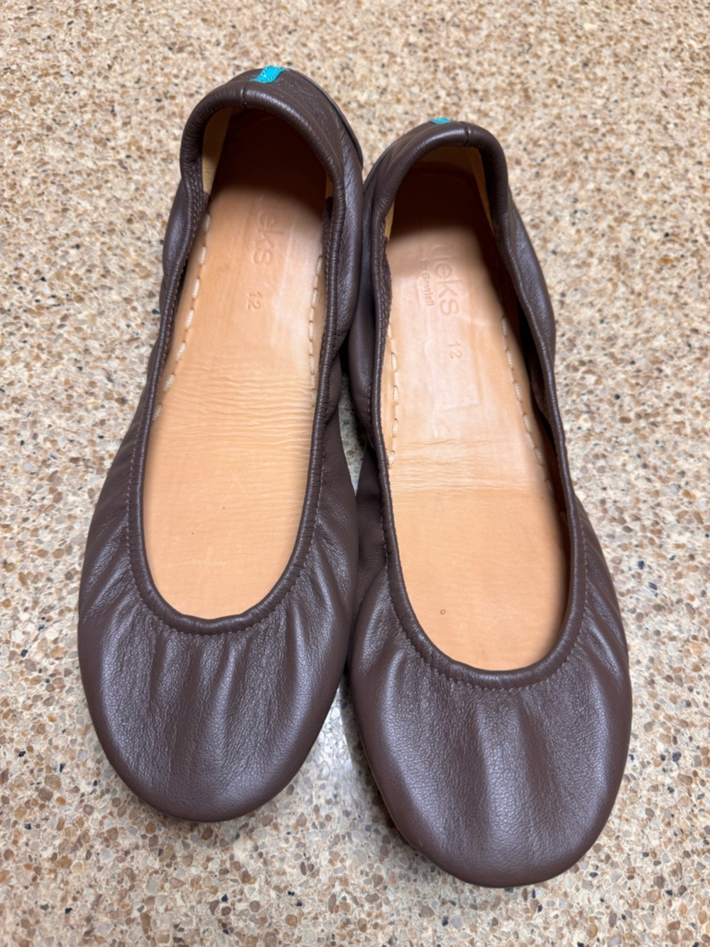 Tieks Brown Leather Flats with Teal Pull Tab
